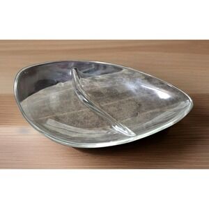 Vintage Clear Divided Relish /Nut 9"x5" Dish Very Unique Abstract Leaf Shape
